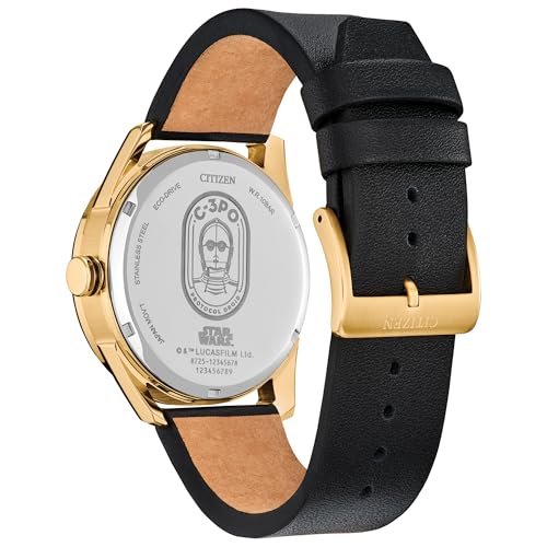 Image of Citizen Men's Eco-Drive Star Wars C-3PO Watch, Black Leather Strap, Yellow Dial, Day /Date (Model: BU4026-05W)