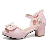  Diuniarza Tacón Ancho Medio Lazos Peep Toe Plataforma Sandalias de Mujer Correa de Tobillo Verano Zapatos de Vestir Boda Encaje Ruffles Rosa Talla 36 EU