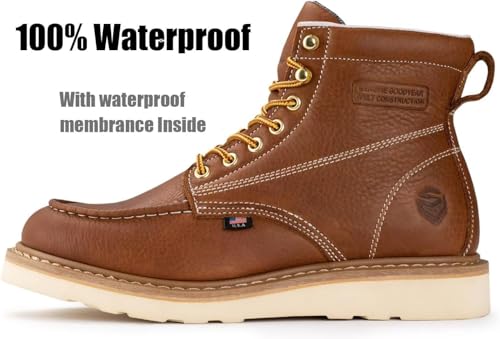 SUREWAY 6 in Mens Waterproof Soft Toe Work Boots for Men-Full Grain Leather,GoodyearWelt,EH Safety Industial Construction Wedge Moc Toe Work Boots/Shoes,Waterproof Soft Toe Tobacco,Size 72