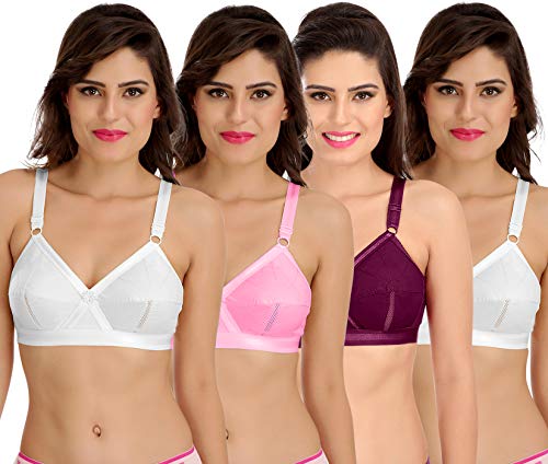 Image of SONA Women's Cotton Non-Padded Non-Wired Full Coverage Bra (White-Pink-Wine-White 40D) Pack of 4
