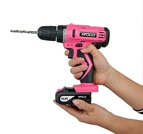 APOLLO TOOLS Powerful Lightweight Pink Cordless Drill, Lithium Ion Battery with 30-Piece Accessory Drill Bit Set - Pink Ribbon - DT4937P