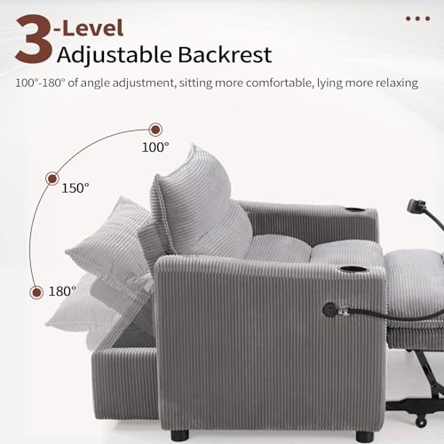 Image of HAOMARKETS 3-in-1 Convertible Loveseat Sleeper Sofa Bed, 2-Seat Pull Out Couch with Cup Holders, Phone Holder and USB Ports, Corduroy 3-Level Adjustable Backrest Couches for Living Room, Grey