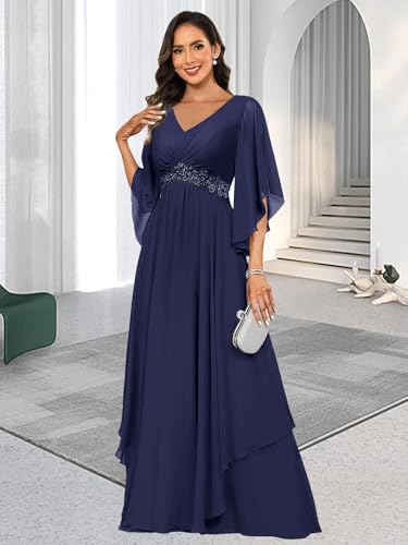 3/4 Sleeve Mother of The Bride Dresses for Women Lace Applique V Neck Pleated Formal Dress3