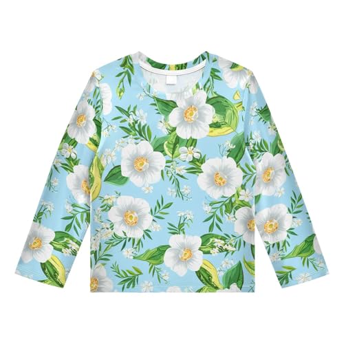 DOMIKING White Blossom Foliage Boys Long Sleeve Rashguard Shirt Kids Quick Dry Swim Shirt for Swimming Pool Beach 11-12T