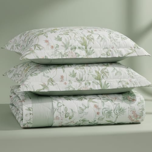 Jogo de Colcha Casal Karsten Percal 160 Fios 100% Algodão Estampado Cama 3 Peças (Naila - Folhas Verde)