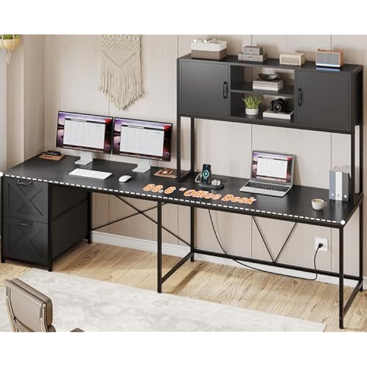 SEDETA Corner Computer Desk, Reversible L Shaped Computer Desk with Fabric Drawers and Power Outlet, Gaming Desk with Led Lights, Hutch and Storage Shelf for Home Office, Black