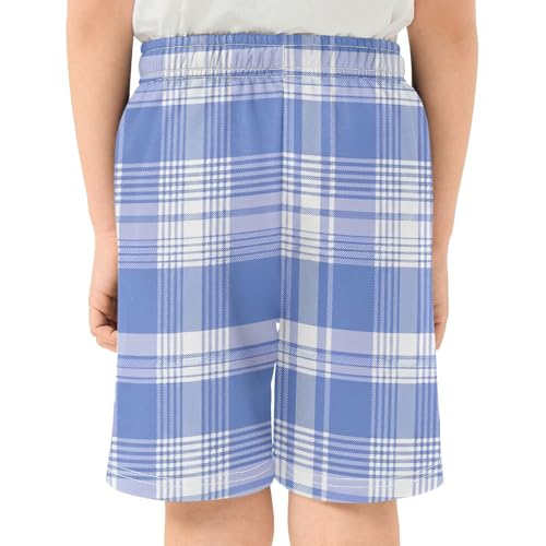 Blue Plaid Athletic Shorts with Zipper Pockets, Youth Boys Athletic Running Shorts for Summer3
