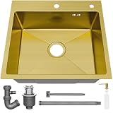 STANEW Lavello Cucina in Acciaio Inox 40 x 45 cm,con Dispenser sapone, Lavello da Incasso a 1 Vasca,con Troppopieno e Sifone, Per Cucina Compatta e Camper, Oro