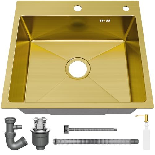 STANEW Évier Cuisine 1 Bac 40x45 cm – Grande Capacité Gain de Place – à Poser sur Plan de Travail avec Trous Robinet, Distributeur Savon+Kit Vidange – Petite Cuisine, Camping-Car, Caravane– Doré