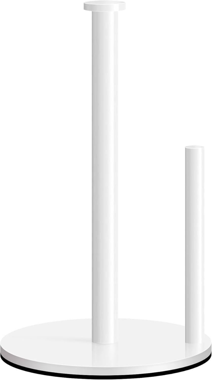 Paper Towel Holder Countertop with Weighted Base, Standing Freestanding Paper Towel Roll Stand, Stainless Steel Post, One-Handed Tear, Non-Slip – White