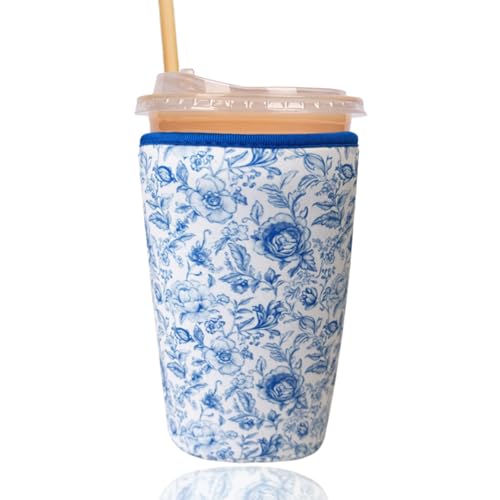 Image of Reusable Insulated Sleeve for Iced Coffee Cup, Coffee Neoprene Sleeve for Cold & Hot Drinks, Beverage Holder for Iced Coffee (Vintage Blossoms, Large: 32oz)