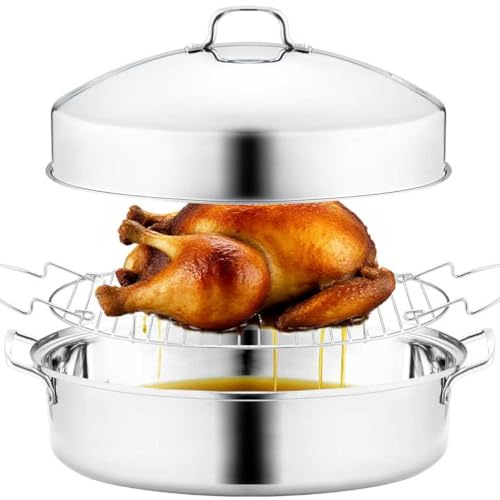 Image of RIDGEPOLE 22” Large Roasting Pan with Rack and Lid, Stainless Steel Oval Roaster Pan, Nonstick Roasting Pan for Oven, Multi-Use Cookware for Turkey, Chicken, Gifts for Mom, Wife.(Sliver)