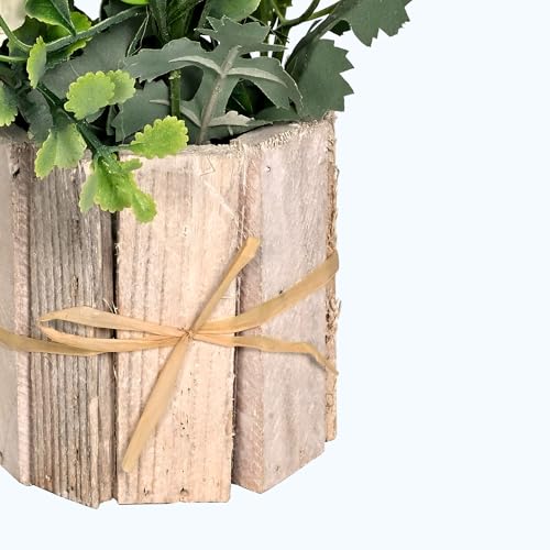 Image of Cortina Wooden W Pot Mixed Flower | Home Decor Items for Living Room Balcony Kitchen Bedroom Office Table Top Decoration - Green, 20X10