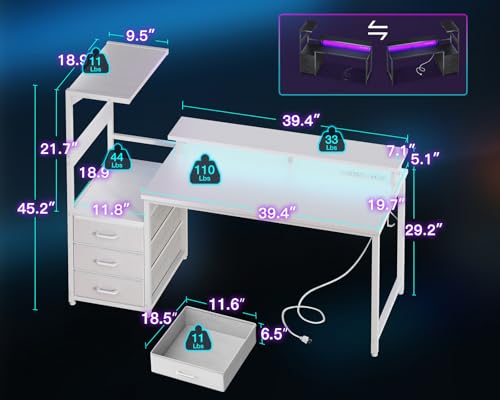 Image of AODK 52 Inch Gaming Desk with USB Charging Ports & LED Light- Reversible Computer Desk with Storage Shelves & Monitor Stand, Modern Gamer Desk Table with Fabric Drawers, White