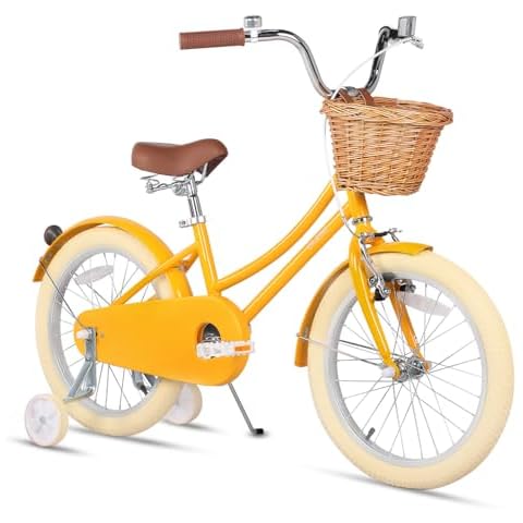 Glerc Little Molly 18 inch Kids Bike Retro Cruiser Bicycle for Girls Ages 4 5 6 7 8 9 Year Old with Wicker Basket, Traning Wheels, Kickstand & Bell,Yellow Cover