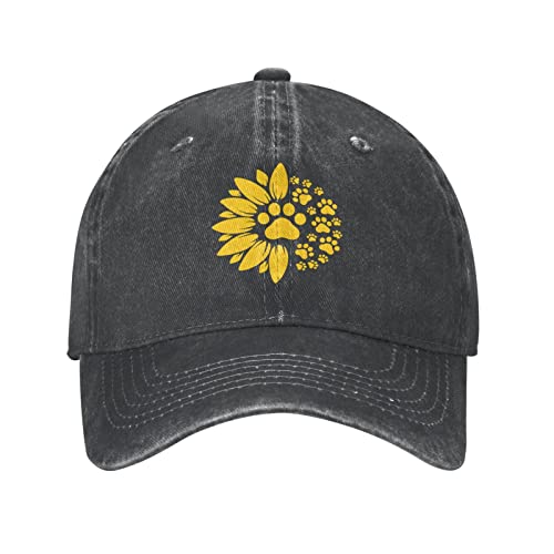 Wisedeal Women's Sunflower Paw Print Hat Adjustable Washed Vintage Baseball Cap For Mom Dad Black #TOP1
