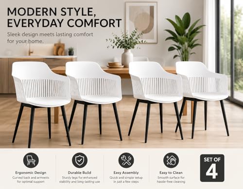 Image of Creative White Plastic Dining Chairs Set of 4 | Armrest Spindle Back Design | Plastic Shell and Legs | 1.47 Feet Seat Height | Dining Kitchen Cafe Restaurant Living Room Home Use