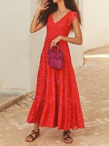 MASCOMODA Womens Summer Maxi Dress Casual V Neck Cap Sleeve Smocked Dresses Ruffle Tiered Beach Party Long Flowy Sundresses2