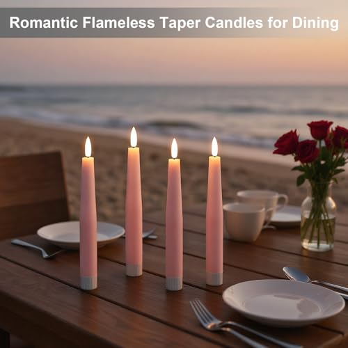 Image of Pink Flameless Taper Candles, Spring LED Flickering Taper Candles Battery Operated with Remote Timer, 4 Pcs Flameless Candlesticks for Spring Wedding Home Decorations(D0.78 inch x H8.1 inch)