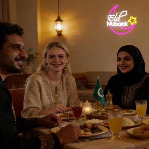 Image of Eid Mubarak Neon Sign Islamic LED Lights for Wall Mosque Eid Al Adha Decor | Eid Al Fitr Supply, Ramadan Mubarak Decoration, Dimmable Moon Star Neon Light, Muslim LED Sign, Acrylic Wall Art, USB Powered