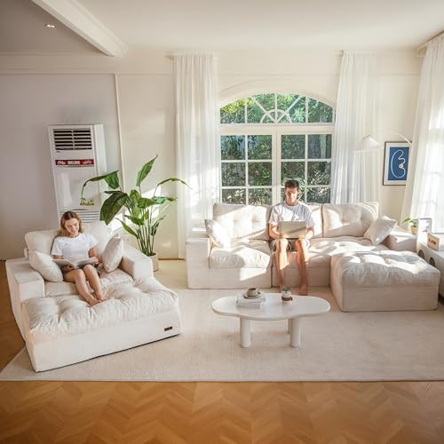 Image of MAXYOYO Sectional Sofa Couch and Chaise Lounge, L Shaped Modern Cloud Couch with Ottoman, Comfy Sofa with Layered Cushion, Tufted Upholstered Sleeper Chair for Living Room, No Assembly Required, Beige