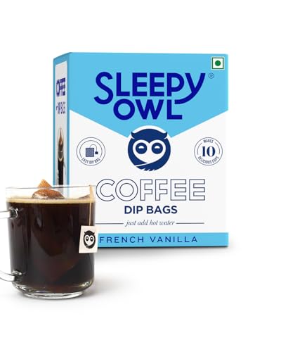 Sleepy Owl Coffee French Vanilla Hot Brew Bags | Hot Brew Coffee |5 Minute Brew - No Equipment Required | 100% Arabica Beans | Set of 10 Bags - Makes 10 Cups