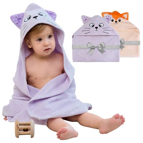 Image of Mooreeke 2 Pack Toddler Towels - 100% Cotton Toddler Hooded Towels - Soft Baby Bath Towel with Hood for Newborn - Comfort Towel for Baby Girls and Boys - Animal Shaped (Fox & Cat)