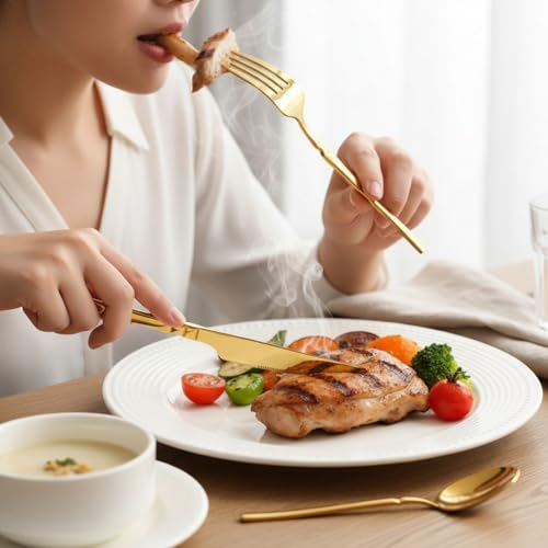 Image of Elegant Handle Gold 20 Pcs Heavy Duty Stainless Steel Cutlery Set for Dining Table (5 pcs Spoon Set+5 pcs Forks Set+5 pcs Butter Knife+5 pcs Dessert Spoon for Kitchen)