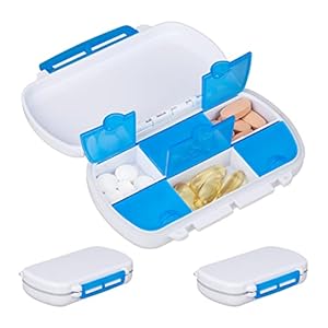 Relaxdays pillendoos 3 stuks, 6 vakken met extra deksel, waterdicht, BPA-vrij, pillendoosje voor op reis, wit/blauw