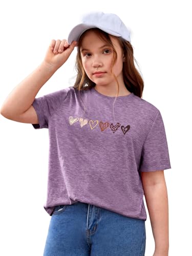 Image of OYOANGLE Girl's Heart Print Short Sleeve Round Neck T-Shirt Funny Graphic Tees Cute Top Purple 10Y