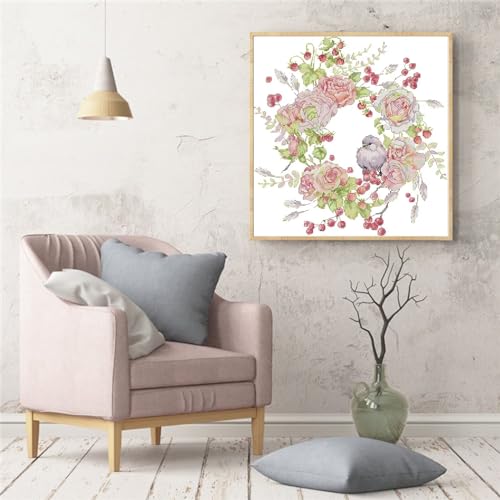 Image of ITSTITCH Stamped Cross Stitch Kits - Full Set of Embroidery for Beginners or Adults,14 CT 2 Strands DIY Birdie Rose Wreath Patterns Counted Arts Craft 15.3x15.7 inch