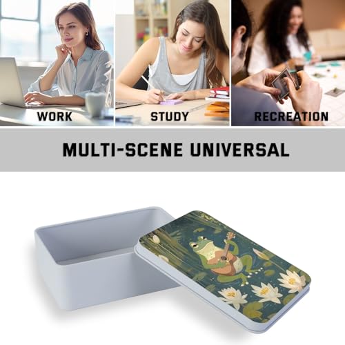 Image of Metal Tin Box with Lid,Multi-functional Storage Large Box Can Store Tea Biscuits Game Cards, Playing & Tarot Cards-Comes with 4 Magnetic Cord Clips,Frog Playing Guitar
