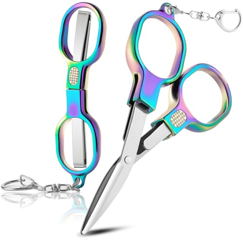 2 Pcs Folding Stainless Steel Portable Mini Travel Scissors Safety Foldable Pocket Badge Small Scissors All Purpose with 2 Keychain for Travel Home Office Craft Sewing Nurse Accessories (Color)