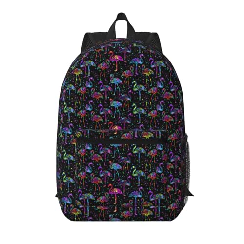 Neon Rainbow Flamingo Fashionable Daypack 17 Inches Zippers Backpack Double Shoulder Bag for Women Men
