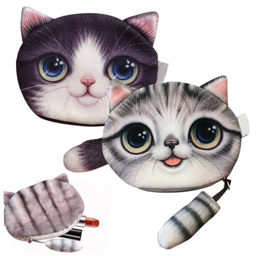 Cat Coin Purse 2Pcs Double-Side Cartoon Cat Wallet Tail Zipper Cat Purse for Girls Portable Digital Print Cute Plush Coin Purse Gifts for Women Cat Purse for Girls Cute Coin Purse Cat Wallet Plush Co2