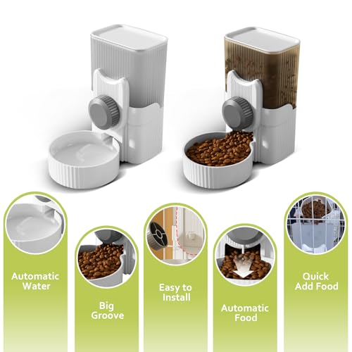 Hanging Cage Automatic Small Pet Food Bowl Water Bottle Dispenser, 1L Auto Gravity Pet Feeder and Waterer Set Kennel Feeding Station Crate Feeder Dish for Rabbit Puppy Cats Ferret (Grey) - Thumbnail 4