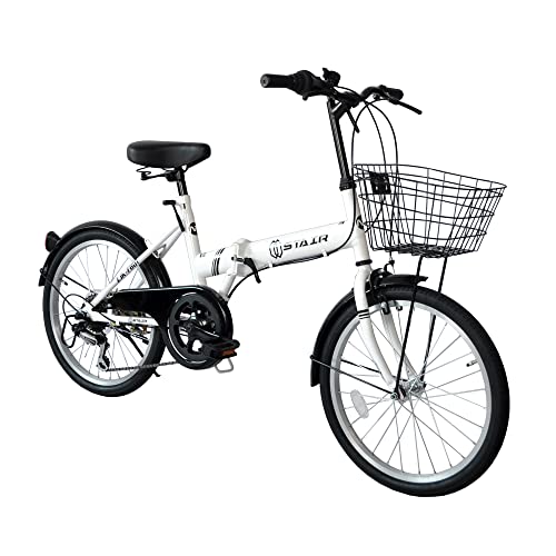折りたたみ自転車 折り畳み自転車 20インチ シマノ6段変速 カゴ付 ワイヤ錠 ライトのプレゼント付き 前後泥除け装備 ハンドルの高さ調節できる 小径車 ミニベロ ホワイト メーカー保証1年