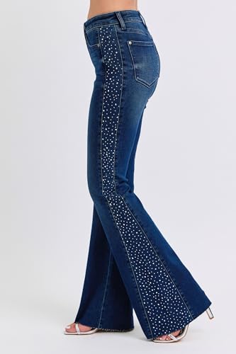 Women’s Rhinestone Side Panel Flare Jeans – High Rise, Stretch Denim, Stylish Flared Design - 889202