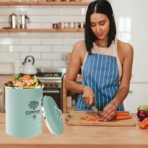 Image of Kitchen Countertop Compost Bin, Odor Resistant Indoor Compost Bin with Lid and Charcoal Filter, Rust Resistant Coated Compost Bucket, Compost Container, Mint