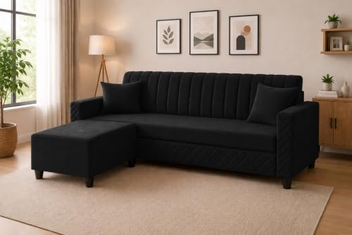 Image of 3 Seater Velvet Sofa with Ottoman | Modern Upholstered Couch | Quilted Design | Soft Comfortable Seating | Sturdy Wooden Frame | Living Room, Office - Black