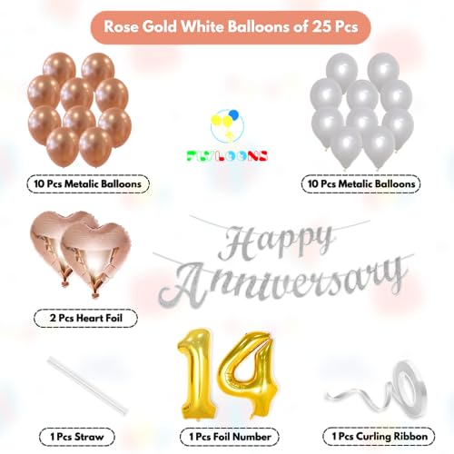 Image of Flyloons 14th Happy Anniversary Decoration Items Rose Gold White for Men Women Husband Wife Mom Dad Parent Couple Home Bedroom Car With 20 Pcs Metallic Balloons Anniversary Banner 2 Pcs Heart Set Kit