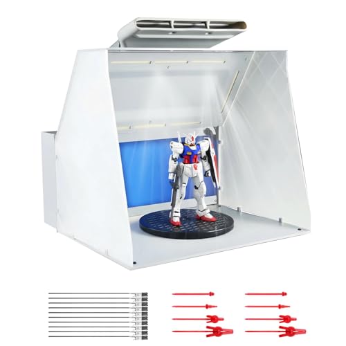 ABEST cabina pintura aerógrafo, potente ventilador ajustable y 4 luces LED, filtro de 3 capas con bandeja giratoria de 7,5", 16 palos de cocodrilo para pintura, modelismo y artesana