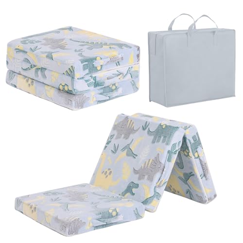 Tiita Trifold Floor Mattress for Kids, Glow in The Dark Baby Kids Futon with Removable Cover, Portable Foam Toddler Nap Mat with Storage Bag for Girls and Boys, Green Dinosaur