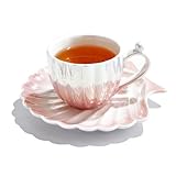 HwaGui Pearl Shell Cup and Saucer - 8oz Gradient Ceramic Coffee Mug, Vintage Tea Cup, Cappuccino Cup, Latte Art Cup for Birthday Christmas Gift (Gradient Pink)