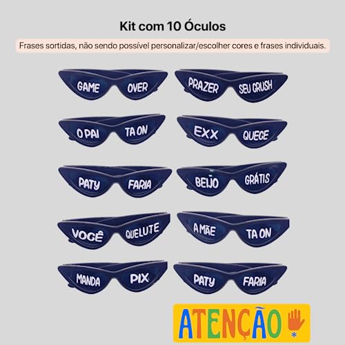 Kit 10 Óculos Escuro Gatinho Com Frases Divertidas Proteção UV Festa Balada Casamento (Preto)