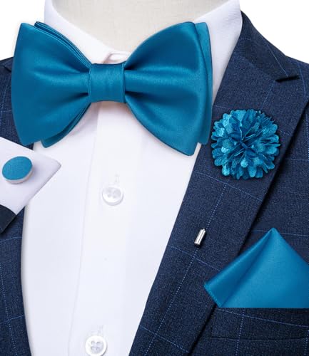 Image of DiBanGu Solid Color Bow Ties for Men Formal Satin Self Tied Bowtie with Lapel Pin Pocket Square Cufflinks for Wedding Party
