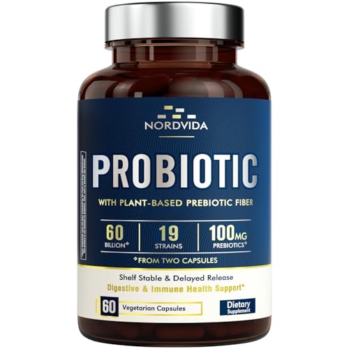Nordvida Probiotic 60 Billion 19 Strains with Organic Prebiotic for Men & Women, Digestive & Immune Health, Non-GMO, No Dairy, Shelf Stable, Delayed Release, 60 Vegan Caps