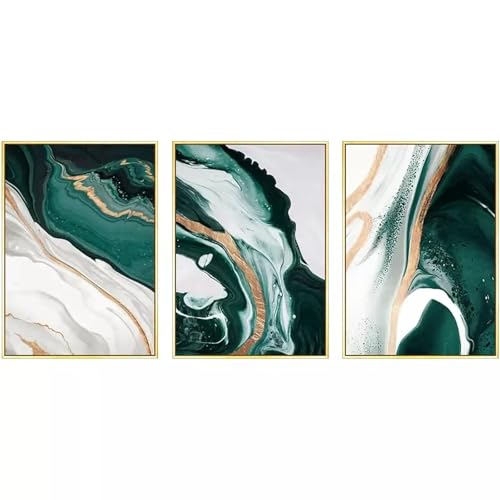 Tableau abstrait lignes dorées et vert, décoration murale haut de gamme x3