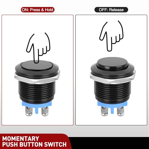 Image of Nilight 19mm Momentary Push Button Switch 2PCS | 12V Waterproof Black Metal Round Starter Power Switches 2 Pin Screw Terminal for Car Truck Horn Boat Marine RV Vehicle