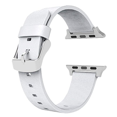 Wearlizer Genuine Leather Watch Band Replacement Strap w/Metal Clasp for Apple Watch All Models 38mm and 42mm Classic Buckle (38mm White)